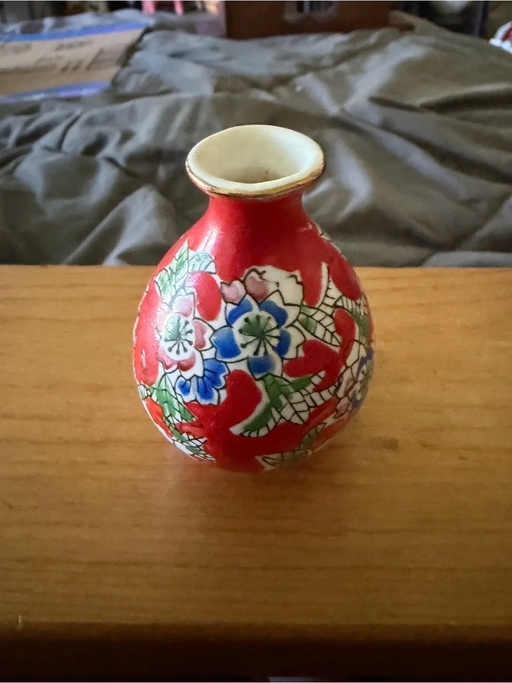 Vintage Japanese Miniature Red Porcelain Vase with Floral Motifs